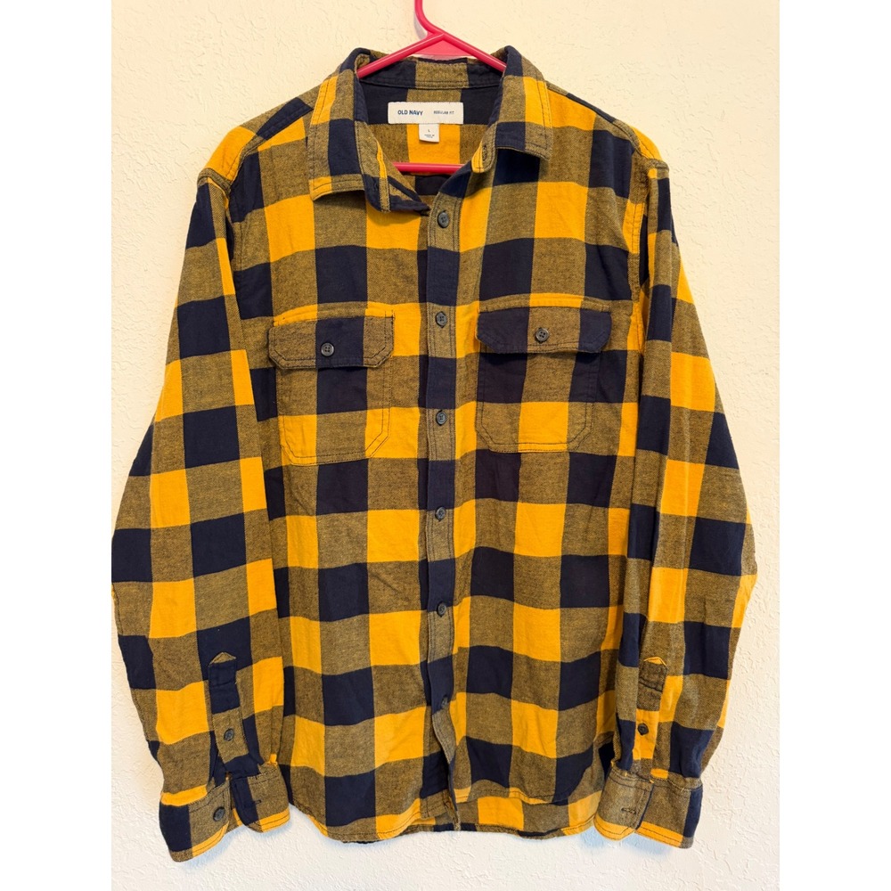 Old Navy Mens Regular Fit Stretch Flannel Shirt Large Squash Buffalo Plaid L